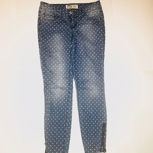 Y2K LEI Ashley Low Rise Skinny Jeans Blue with White Polka Dots Size 1/Juniors - Picture 1 of 12